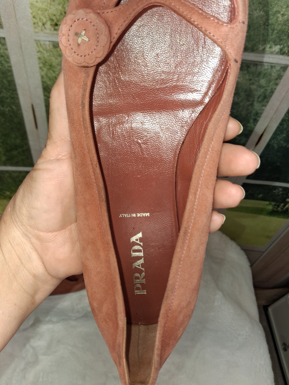 Vintage Prada Cipria Pink Suede Pointed Toe Flats Size 38 Mary Jane Button - Picture 4 of 7